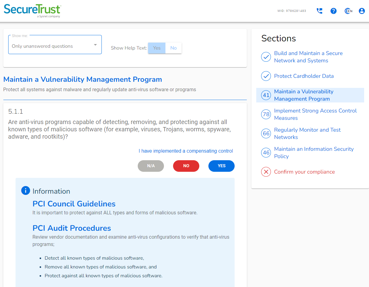 SecureTrust PCI Questionnaire  - https://managepci.com/safemaker/login/portal
