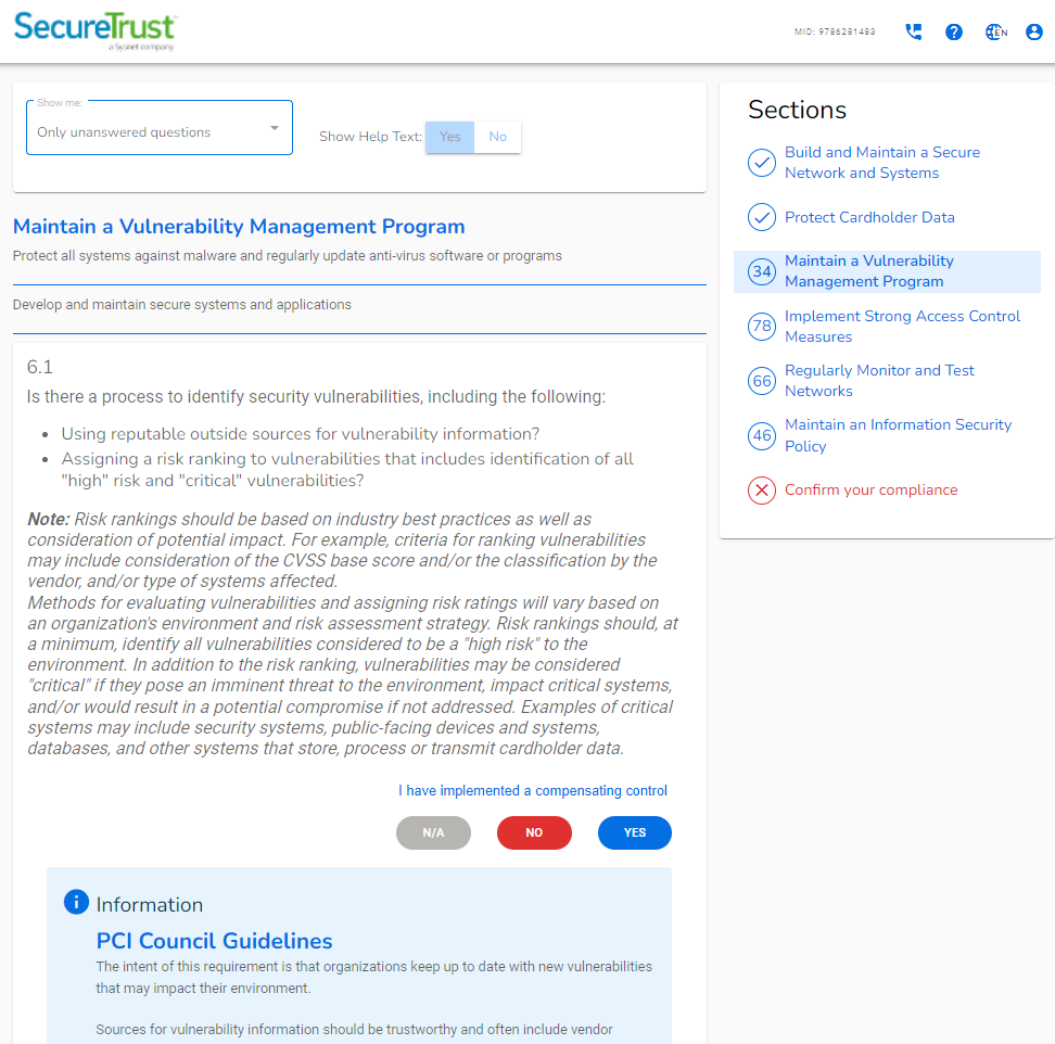 SecureTrust PCI Questionnaire  - https://managepci.com/safemaker/login/portal