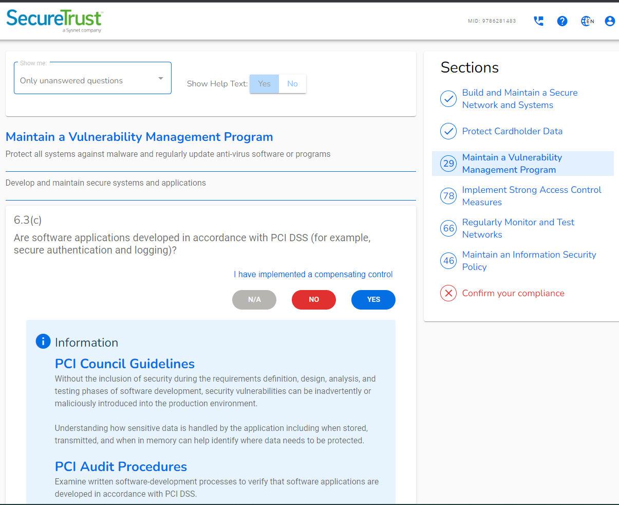 SecureTrust PCI Questionnaire  - https://managepci.com/safemaker/login/portal